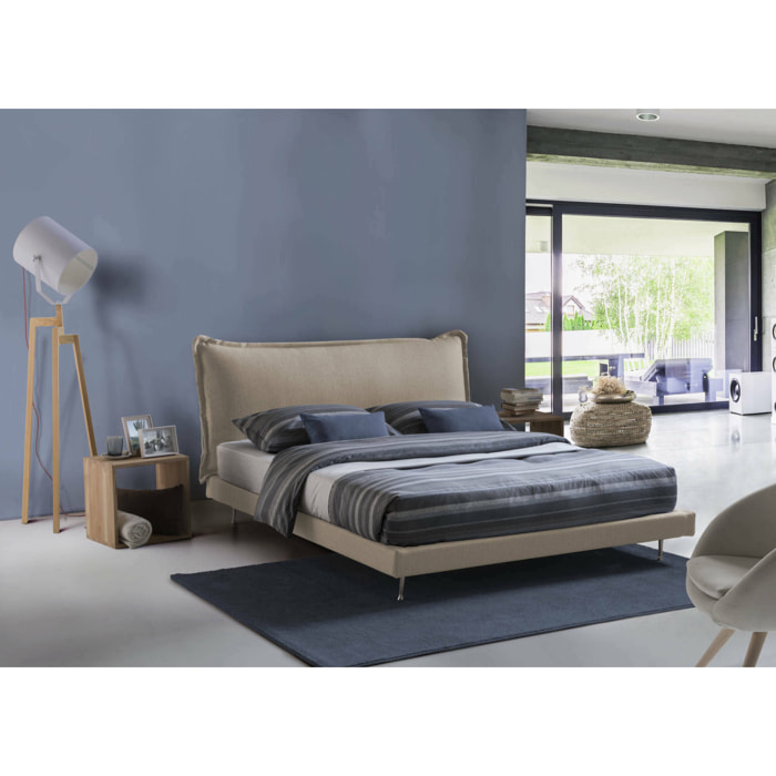 Letto matrimoniale Arcore, Letto fisso con rivestimento e testata in tessuto, 100% Made in Italy, adatto per materasso Cm 160x190, Beige