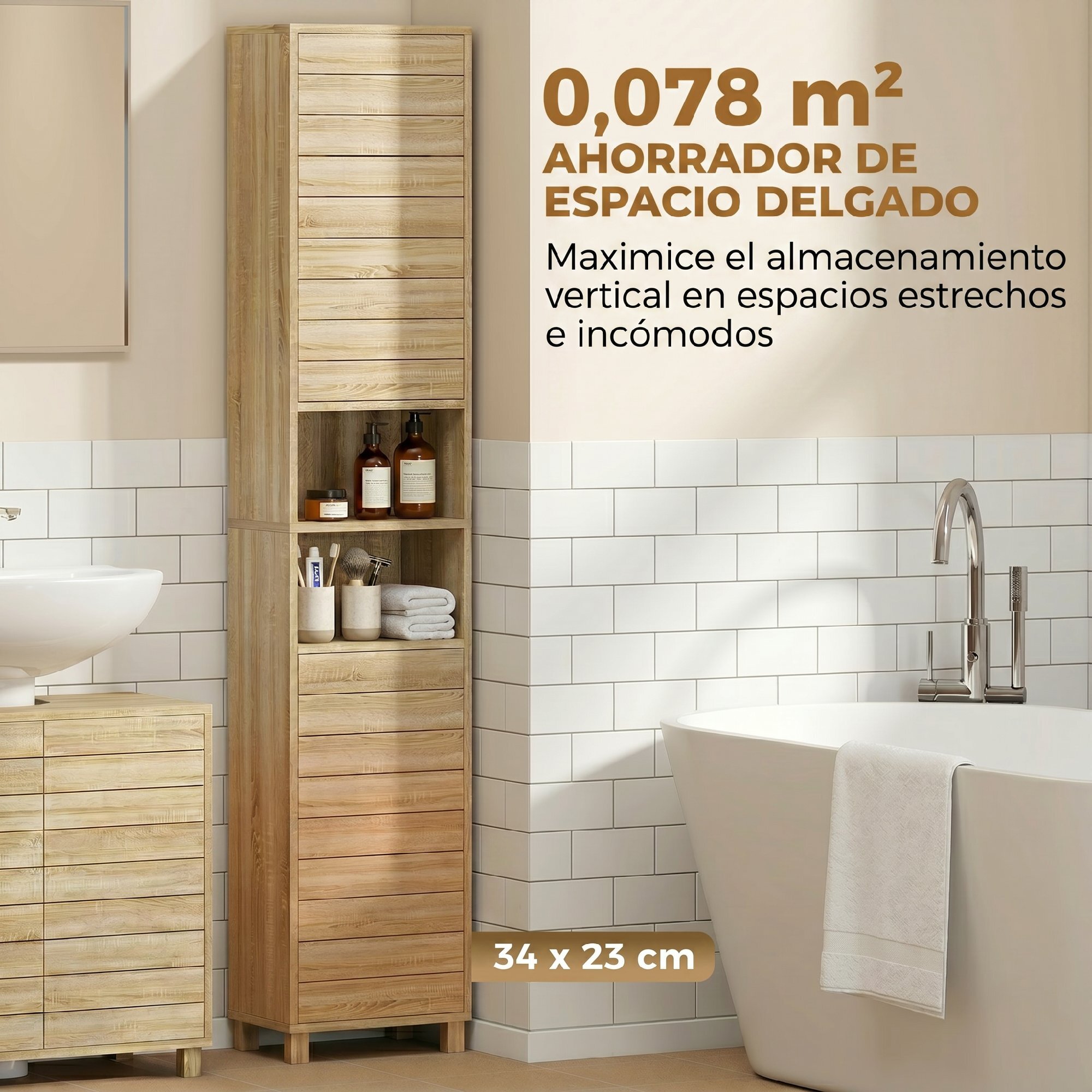 Armario de Baño Alto, Mueble Auxiliar de Baño Estrecho con Estantes Ajustables, Puertas de Lamas Apertura por Presión, Estantes Abiertos, para Espacios Pequeños, 34x23x170 cm, Natural