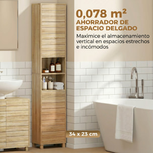 Armario de Baño Alto, Mueble Auxiliar de Baño Estrecho con Estantes Ajustables, Puertas de Lamas Apertura por Presión, Estantes Abiertos, para Espacios Pequeños, 34x23x170 cm, Natural