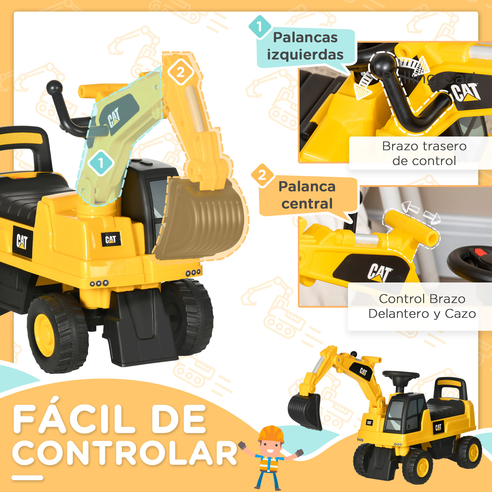 Excavadora con Licencia Caterpillar Excavadora Correpasillos para Niños de 1-3 Años con Asiento de Almacenamiento Pala Delantera y Bocina Carga 25 kg 85x27,5x47,5 cm Amarillo