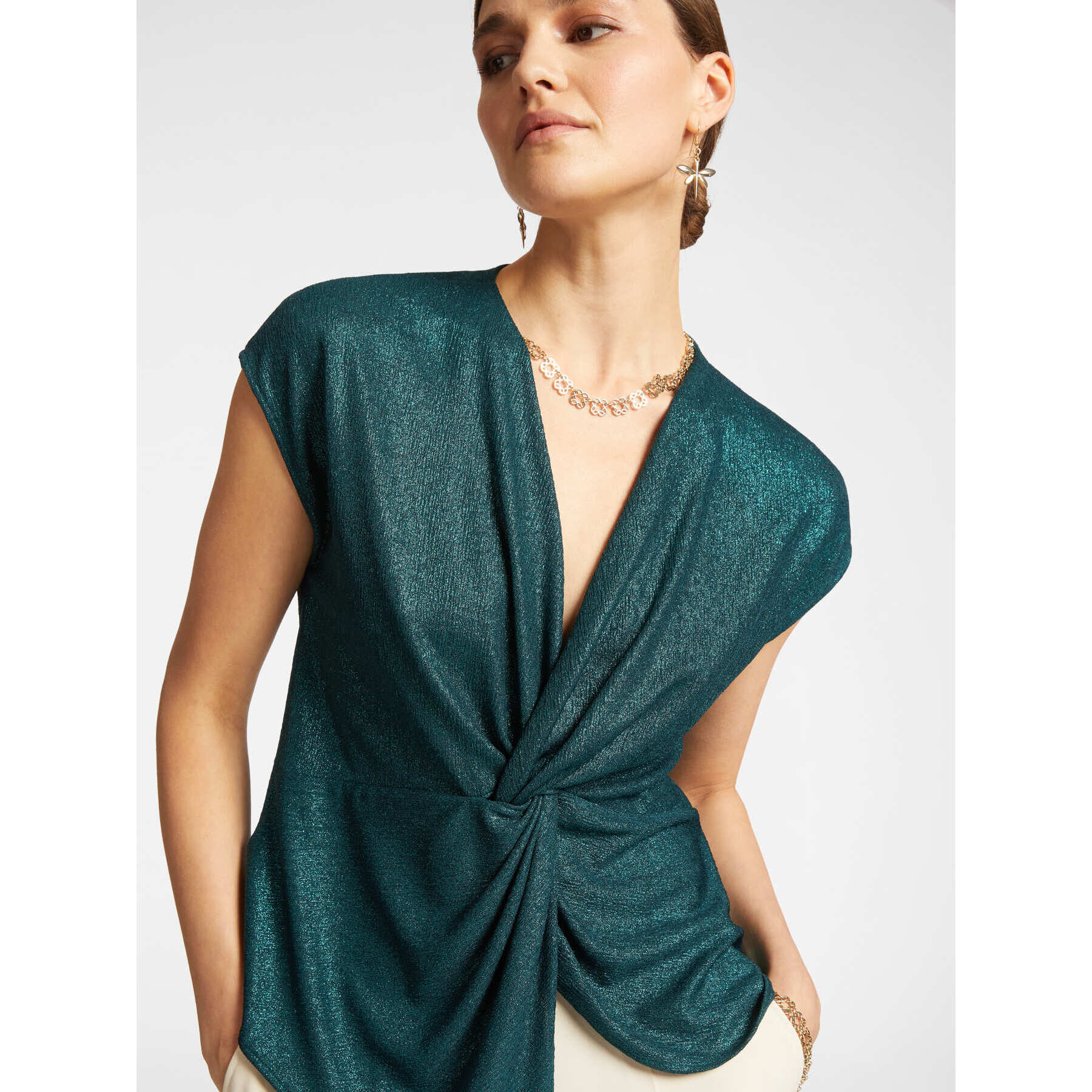 Elena Mirò - Camiseta de lurex con nudo delantero - Verde