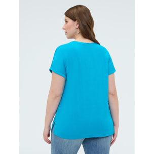 Fiorella Rubino - T-shirt bimaterica con scollo tondo - Azzurro