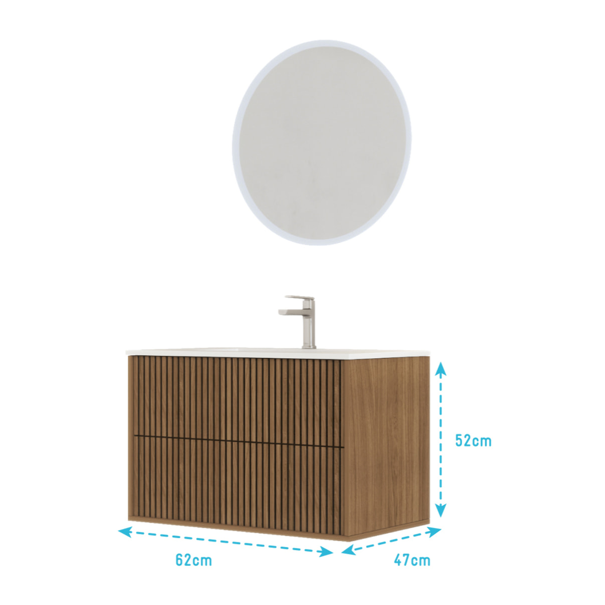 Meuble Salle de Bains YUKI 60 - 2 Tiroirs Décor Chêne et Noir - Vasque Blanche - Miroir LED 60