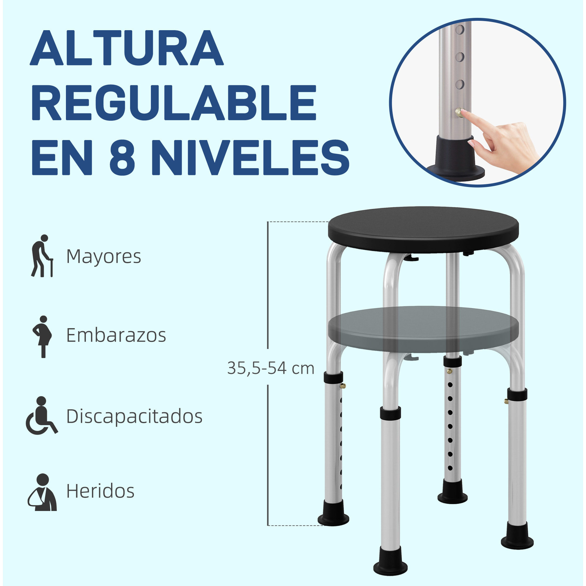 Taburete de Ducha, Silla Ducha Personas Mayores Antideslizante con Altura Regulable, Carga 135 kg, Taburete de Baño para Ancianos y Discapacitados, Negro