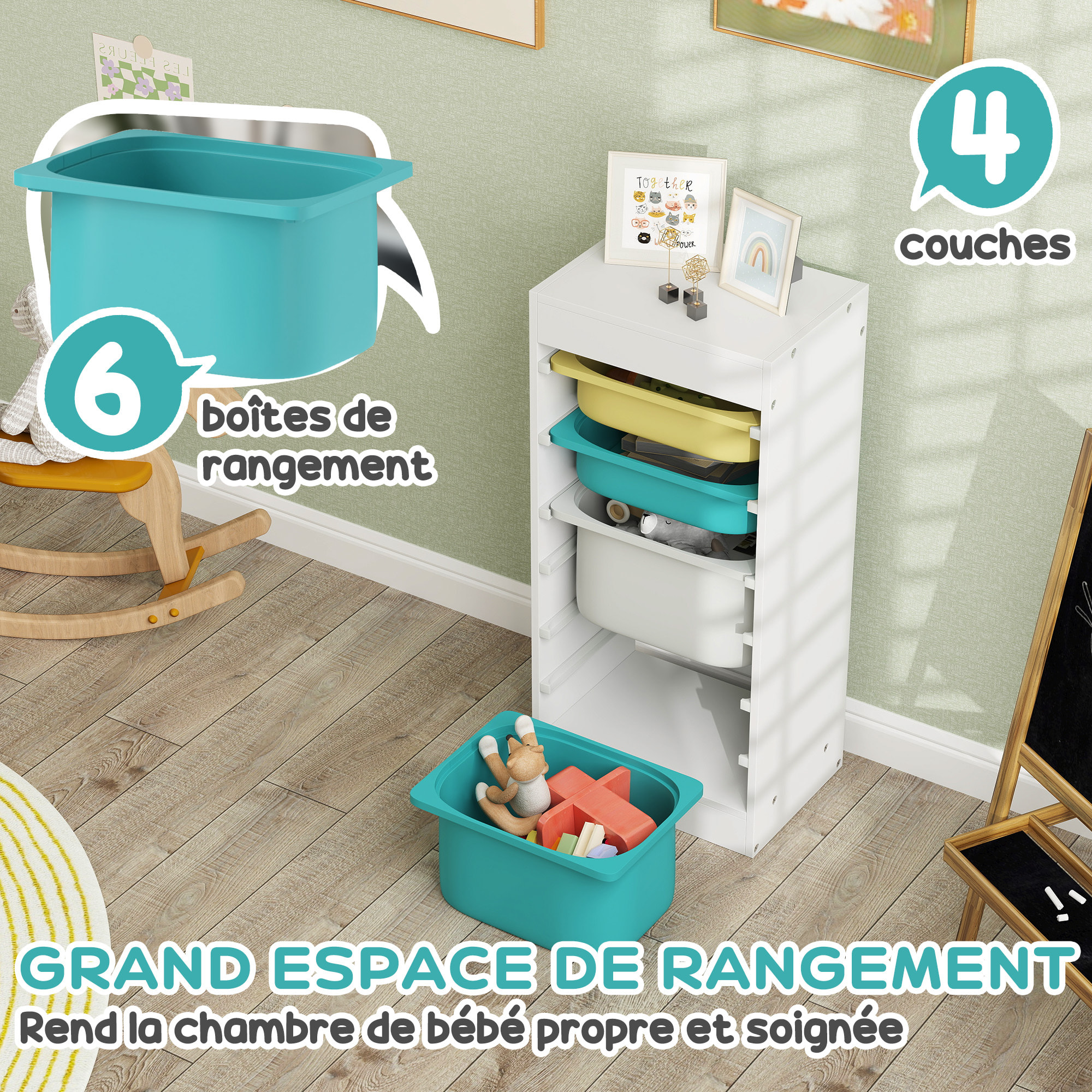 Rangement enfant - combinaison structure + bacs - coffre à jouet dim. 40L x 30l x 90H cm - blanc jaune bleu