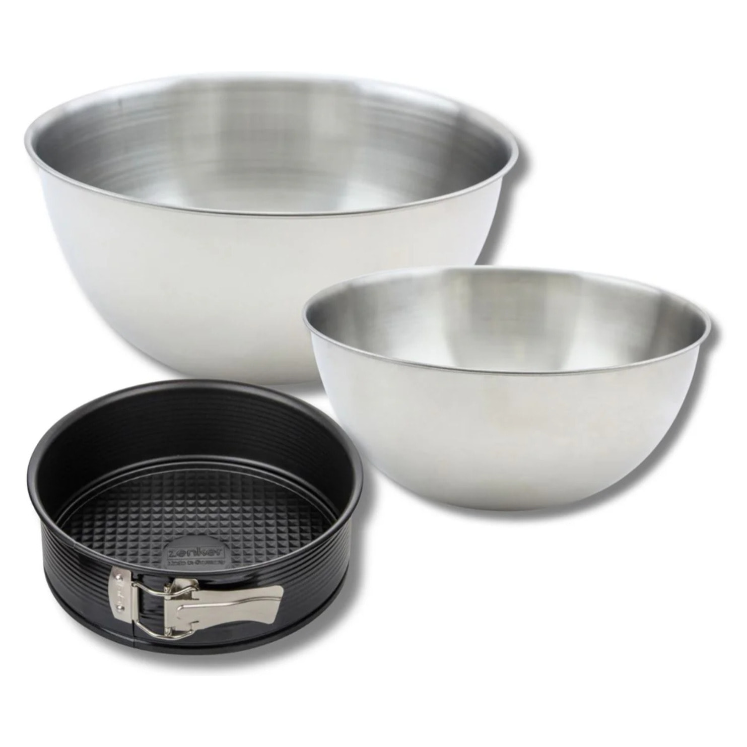 Lot comprenant 1 Moule à manqué, 1 spatule Zenker et 2 bols à mixer en inox Fackelmann