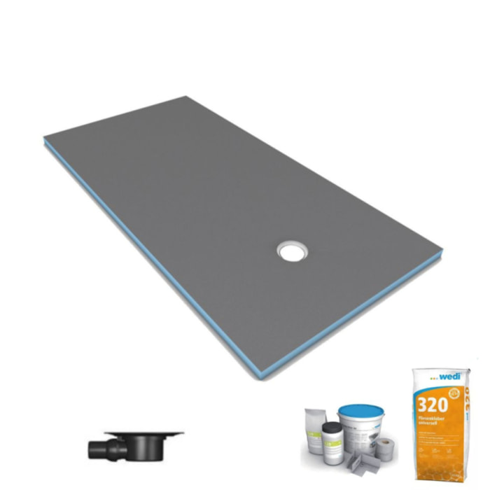 Receveur de douche à carreler 200 x 100 WEDI Fundo Primo écoulement excentré + bonde horizontale + kit d'étanchéité + colle 320