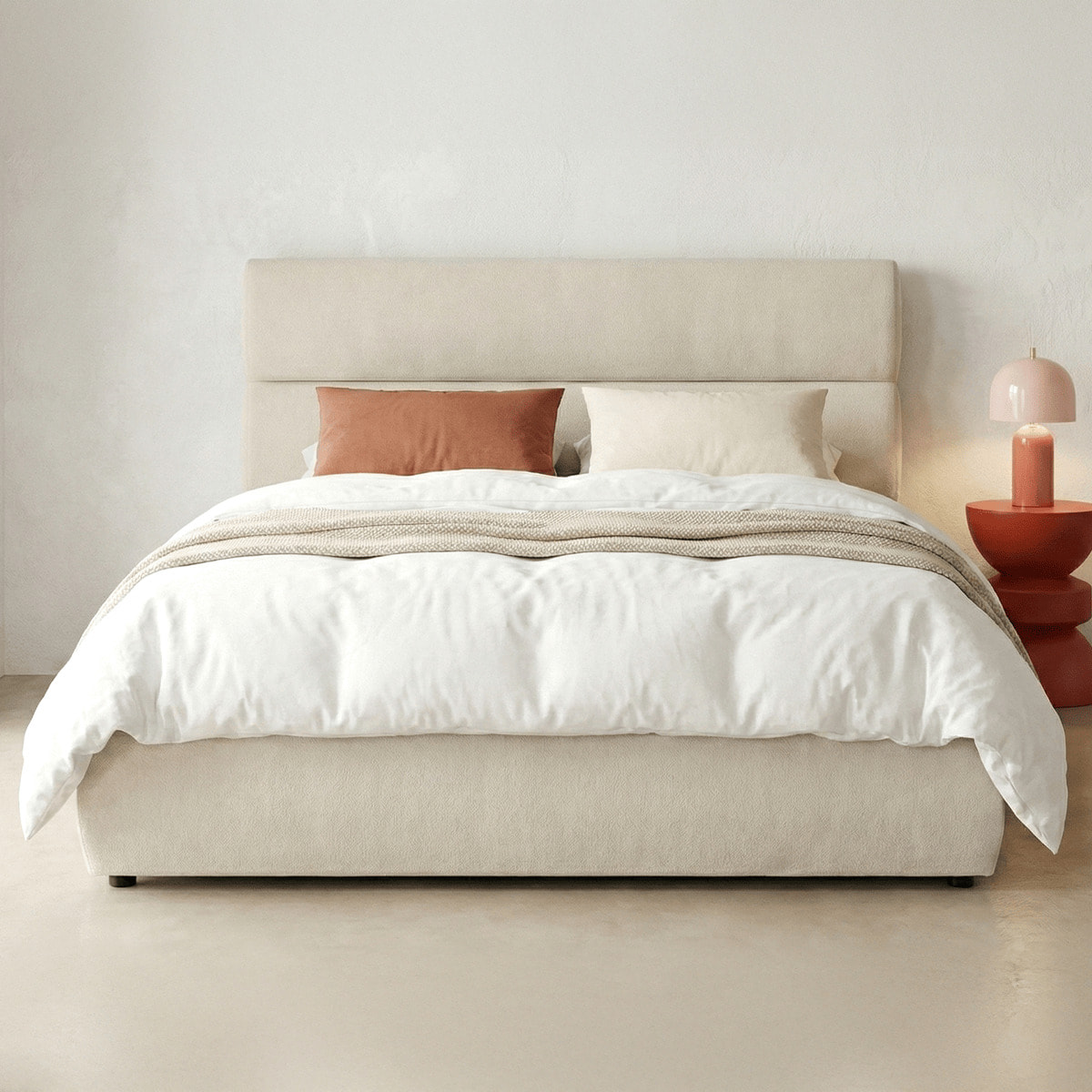 Lit coffre adulte avec tête de lit capitonnée en tissu chenille - SIMON