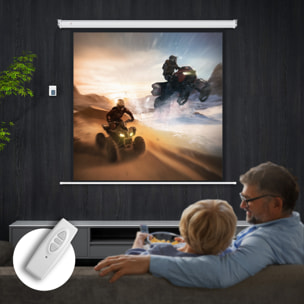 Écran de projection motorisé home-cinéma format 1:1 85 pouces 4K HD avec télécommande blanc noir