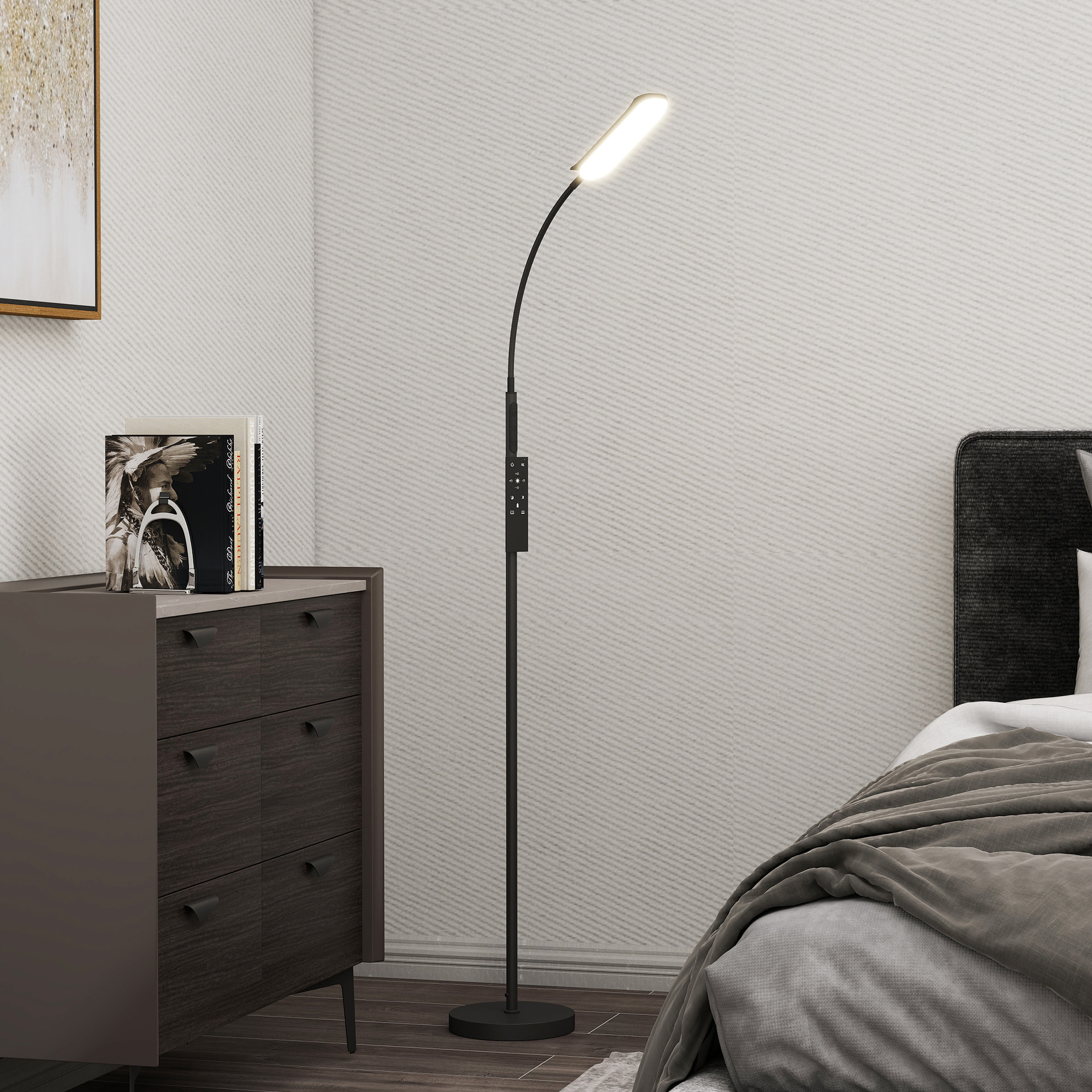 Lámpara de Pie LED Regulable Lámpara de Pie para Salón con Temperaturas de Color Ajuste Continuo Control Remoto y Táctil Temporizador de 60 Minutos Función Memoria Cuello Giratorio Negro