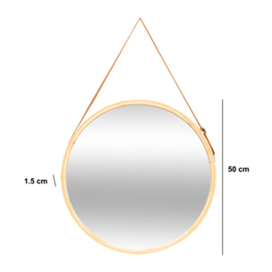 Miroir mural rond avec lanière en cuir D50cm