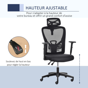 Vinsetto Fauteuil de bureau manager grand confort dossier ergonomique inclinable hauteur assise réglable pivotant tissu maille noir
