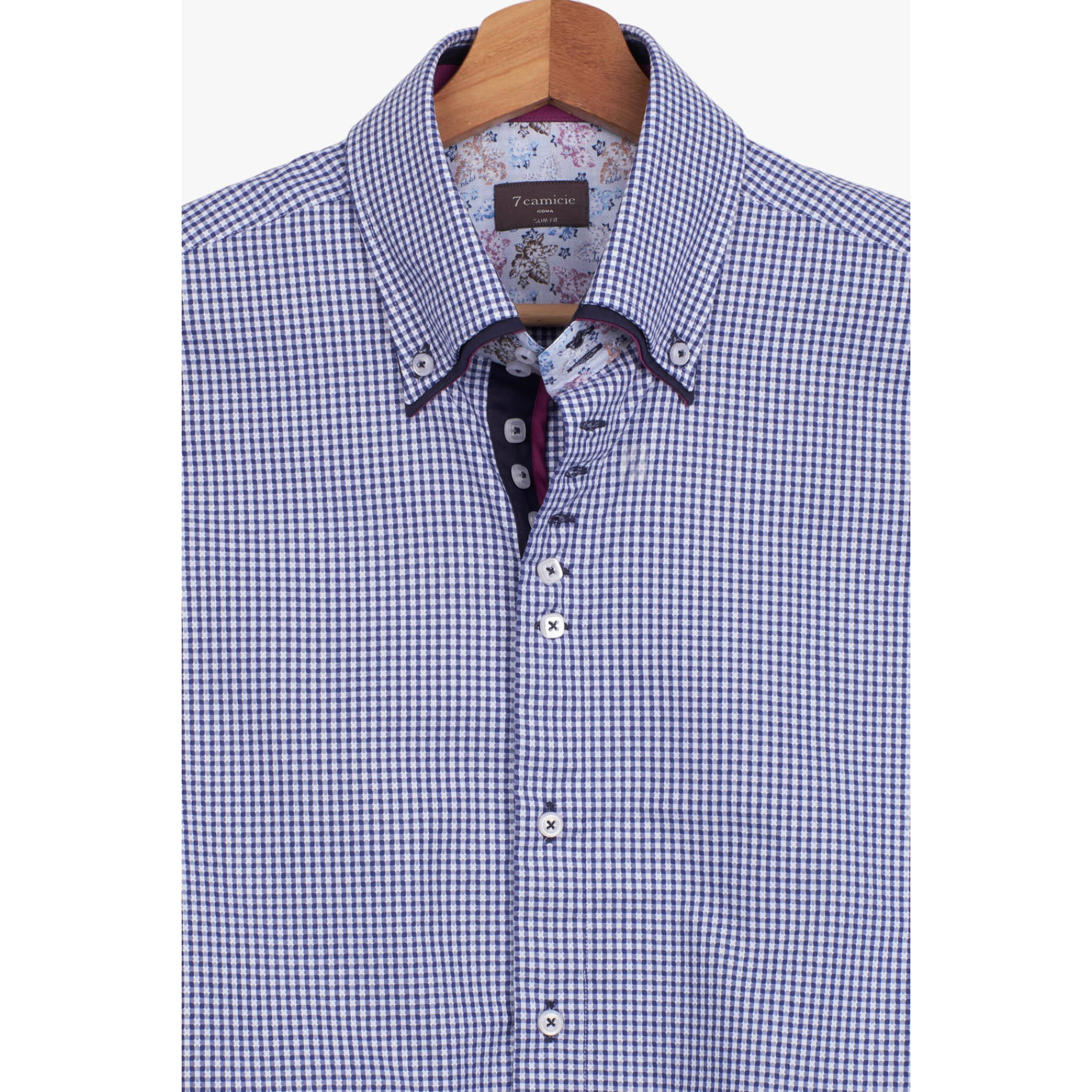 Camicia Uomo 2 Bottoni Button Down 7bottoni Doppio Coll Cotone Fantasia Blu\Bianco