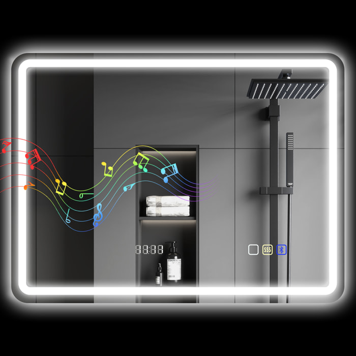 Espejo de Baño con Luz LED 80x60 cm Espejo de Pared con Bluetooth 3 Colores de Luz Reloj Digital Función Antivaho Función de Memoria Interruptor Táctil IP44