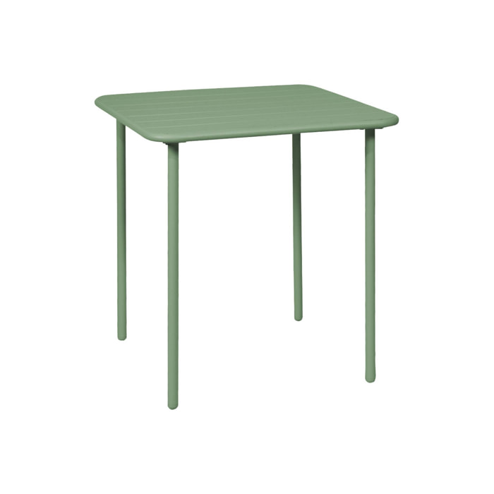 Table de jardin métal 2 places. vert. Amelia. 70x70cm. traitement antirouille. lattes et bords arrondis
