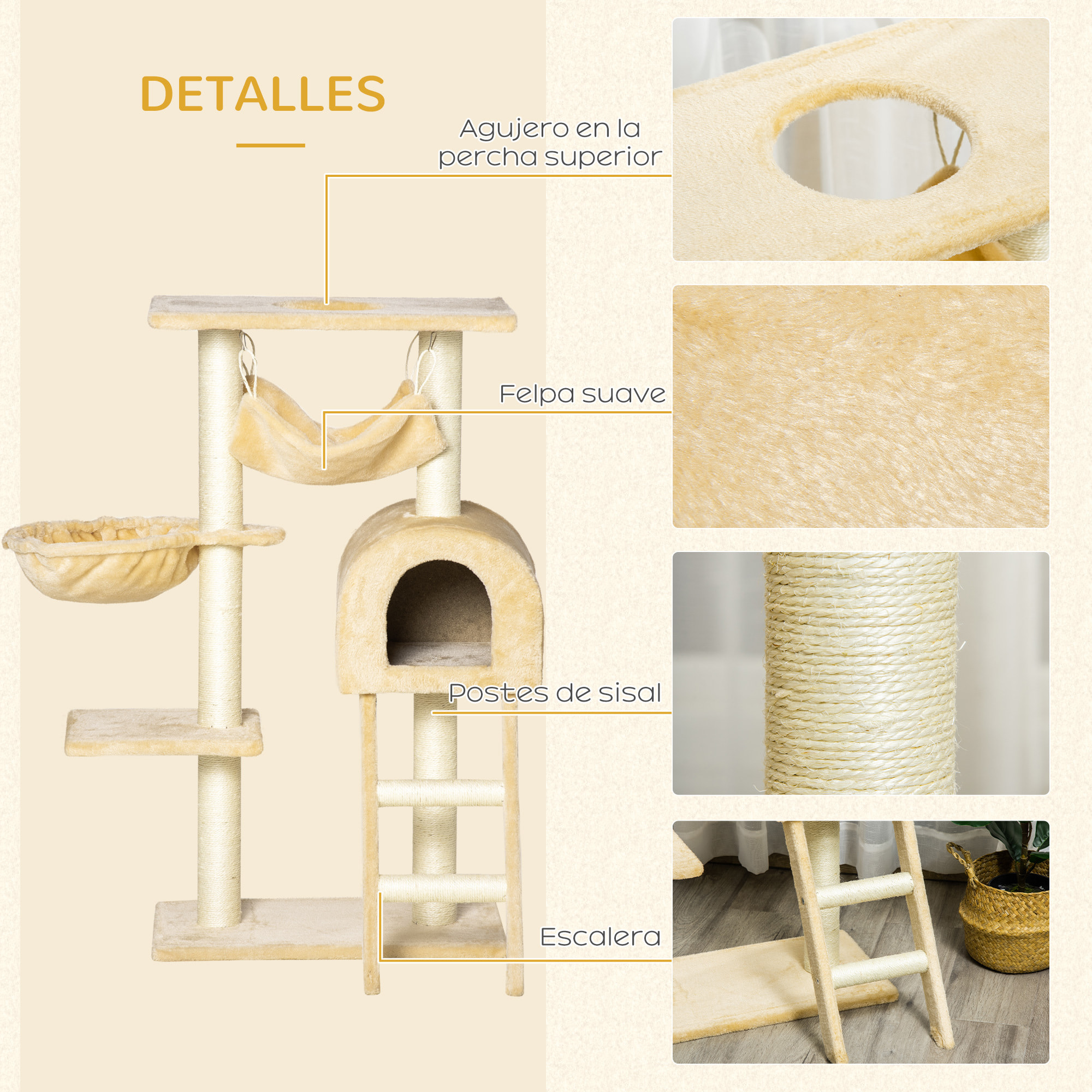 árbol Rascador para Gatos 98 cm con Cueva Hamaca Escalera Postes de Sisal Beige