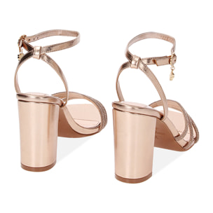 Sandali con tacco rosa-oro in laminato con pietre