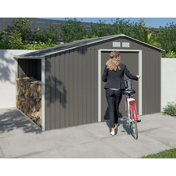 Abri métal gris châtaigne avec bûcher 8,13 m² + kit d'ancrage