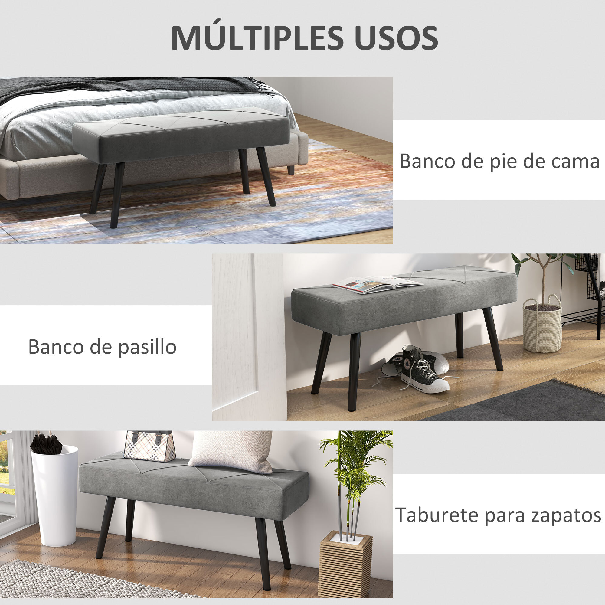 Taburete Pie de Cama Multifuncional Banco Pie de Cama Moderno Banco Dormitorio con Pies de Acero y Asiento Acolchado Carga 120 kg para Entrada Pasillo 100x36x45 cm Gris