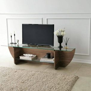 Mobile porta TV Kasuga, Credenza da soggiorno, Armadio basso per TV, Base parete attrezzata, 158x35h40 cm, Noce