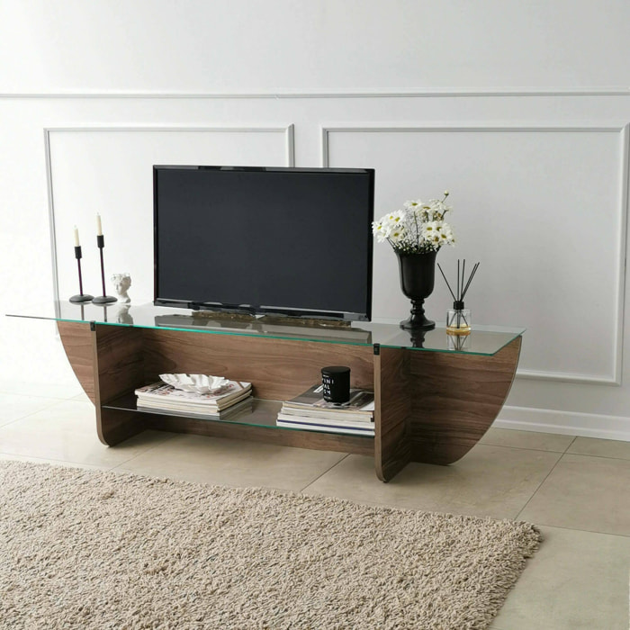 Mobile porta TV Kasuga, Credenza da soggiorno, Armadio basso per TV, Base parete attrezzata, 158x35h40 cm, Noce