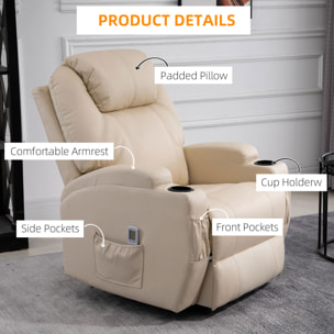 Fauteuil luxe de relaxation et massage inclinaison dossier repose-pied électrique revêtement synthétique crème