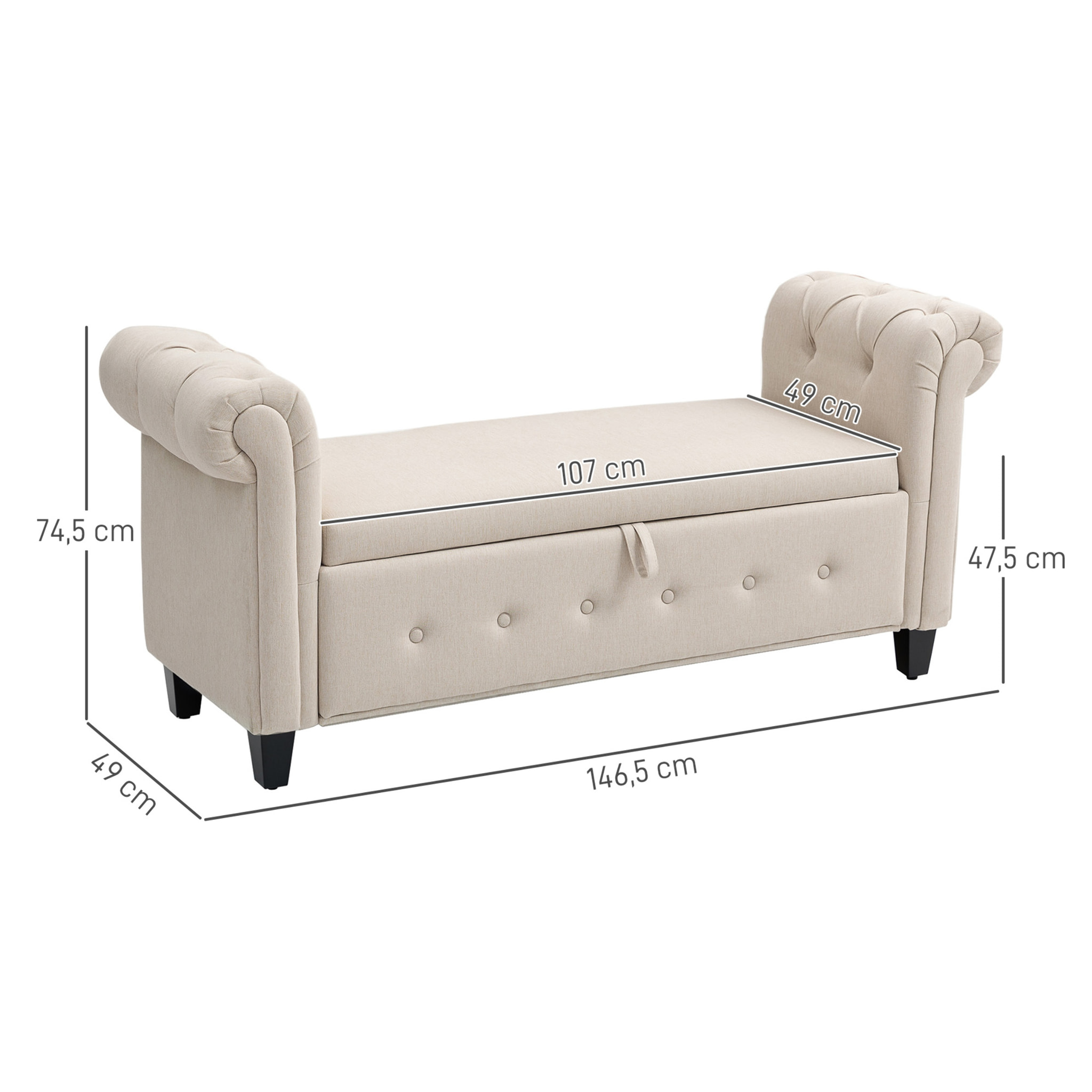 Banco de Almacenamiento Taburete de Almacenaje de Lino con Tapa de Bisagras Patas de Madera y Reposabrazos Enrollados para Dormitorio Salón Pasillo Carga 150 kg 146,5x49x74,5 cm Beige