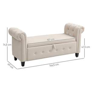 Banco de Almacenamiento Taburete de Almacenaje de Lino con Tapa de Bisagras Patas de Madera y Reposabrazos Enrollados para Dormitorio Salón Pasillo Carga 150 kg 146,5x49x74,5 cm Beige