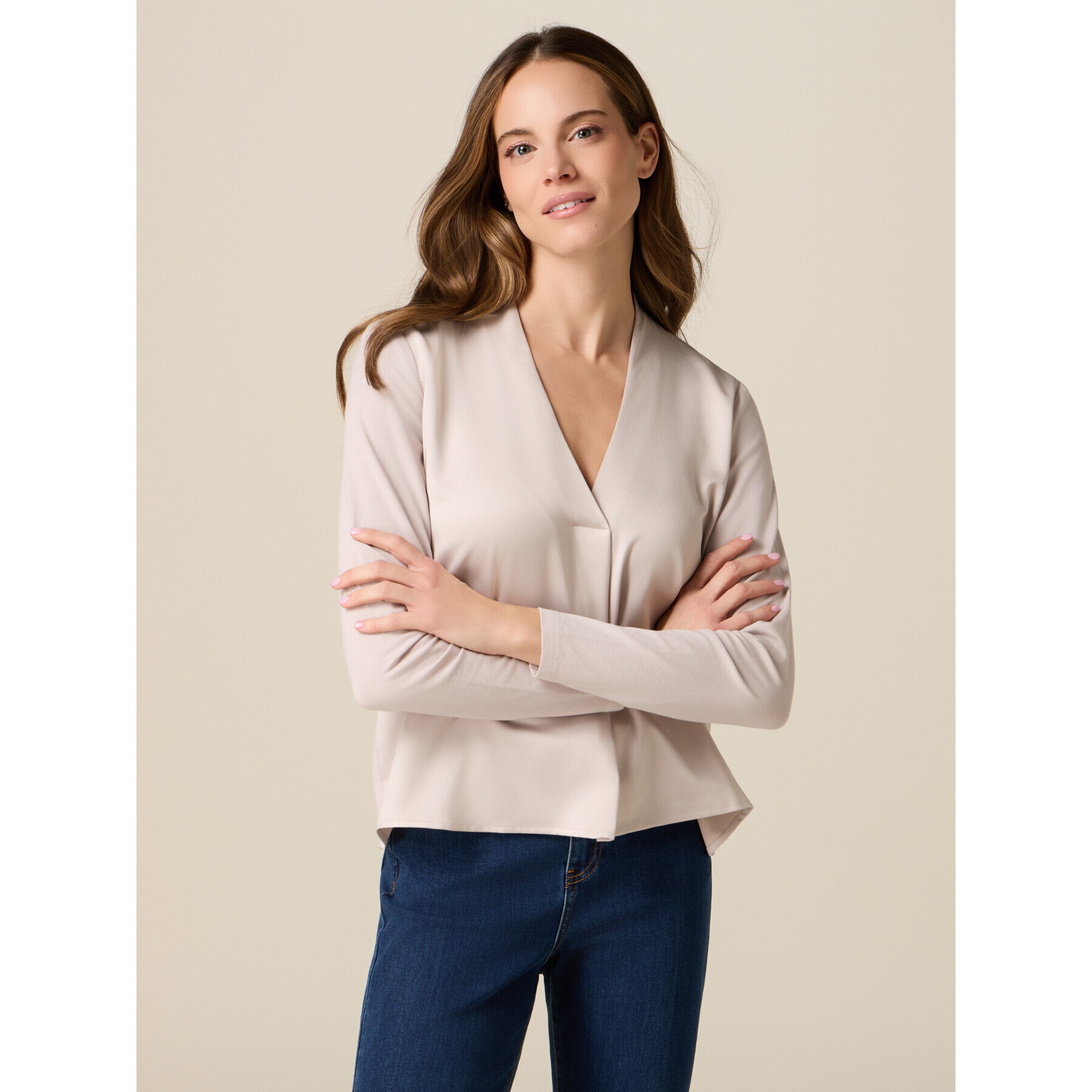 Oltre - T-shirt bimaterica maniche lunghe - Beige