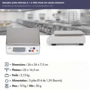 Balance électronique professionnelle - 10kg - IP53 - précision 1g - plateau amovible 22 x 16,5 cm