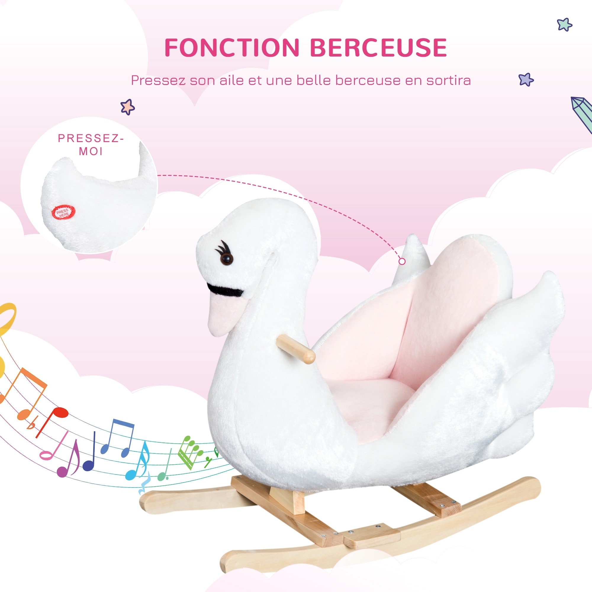 Cheval à bascule modèle cygne fonction musicale assise enveloppante cale-pieds bois peluche douce blanc rose