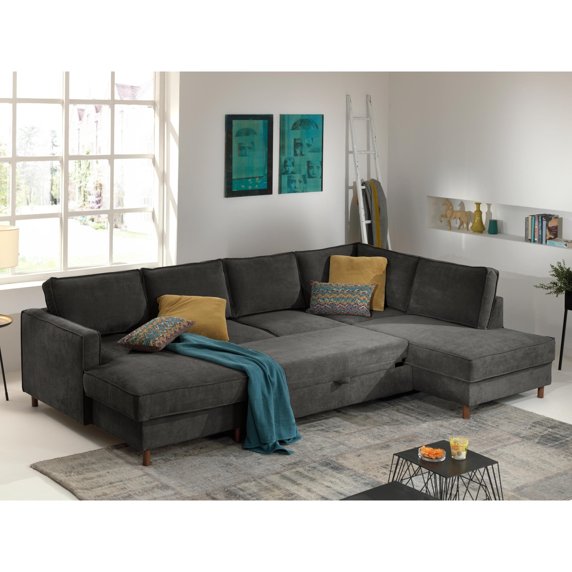 Jake - canapé panoramique d'angle droit - convertible avec coffre - 7 places - en velours côtelé - Gris foncé