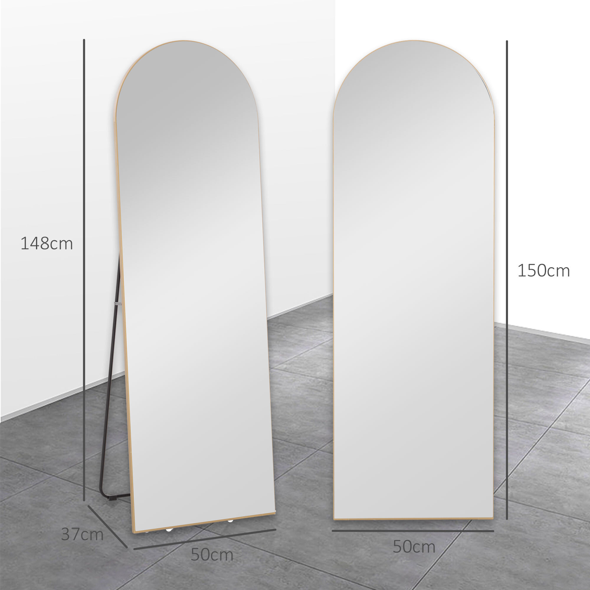 Espejo de Cuerpo Entero, 150x50 cm, Espejo de Pie Arqueado, Sin Marco, Independiente, Apoyado y de Pared, para Dormitorio, Salón, Dorado