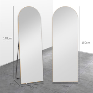 Espejo de Cuerpo Entero, 150x50 cm, Espejo de Pie Arqueado, Sin Marco, Independiente, Apoyado y de Pared, para Dormitorio, Salón, Dorado