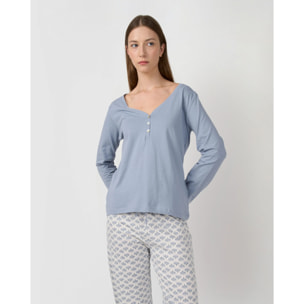 Pigiama lungo in cotone con scollo a v, arubi blu