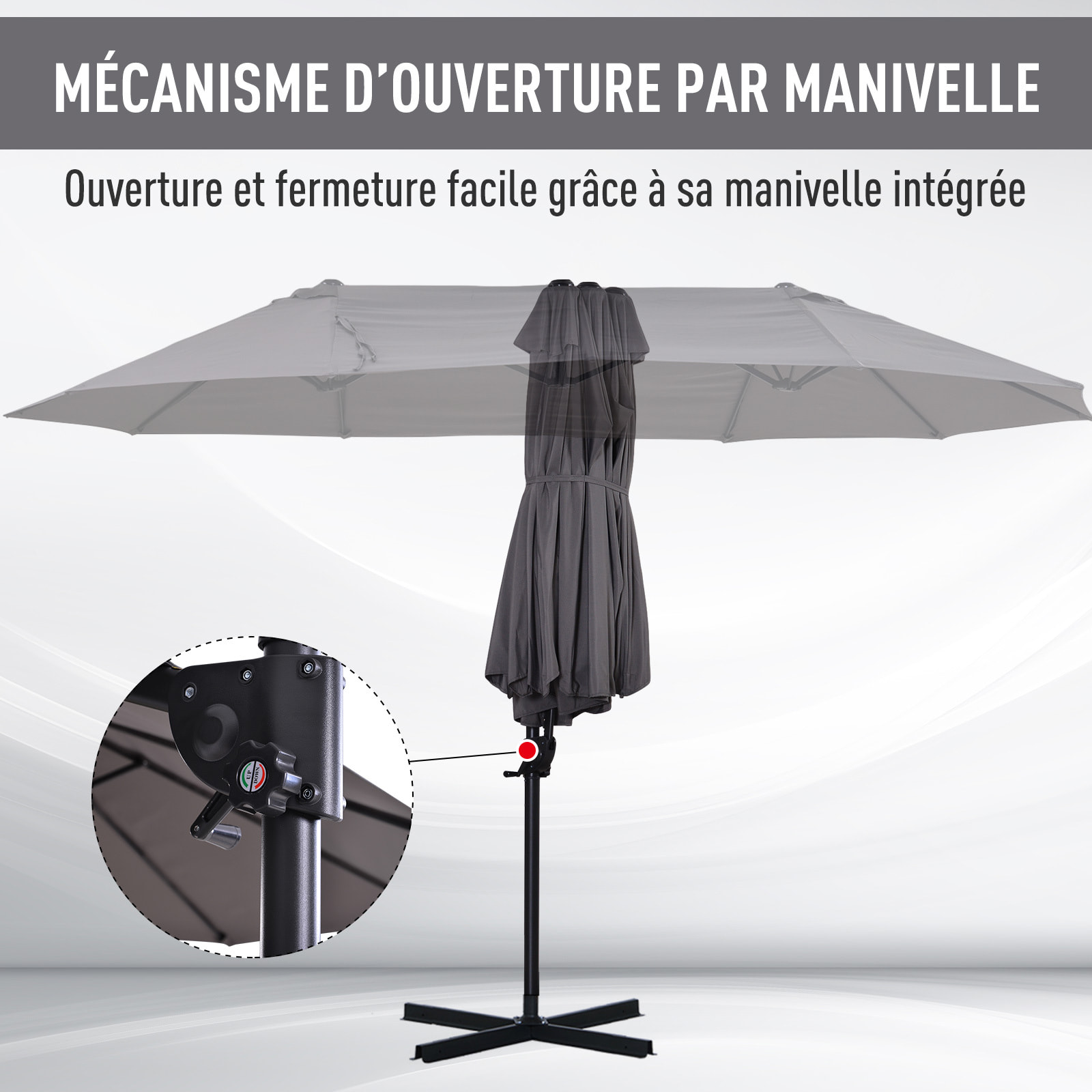 Parasol déporté grande taille XXL inclinable dim. 4,4L x 2,7l x 2,5H m piètement en acier inclus polyester gris