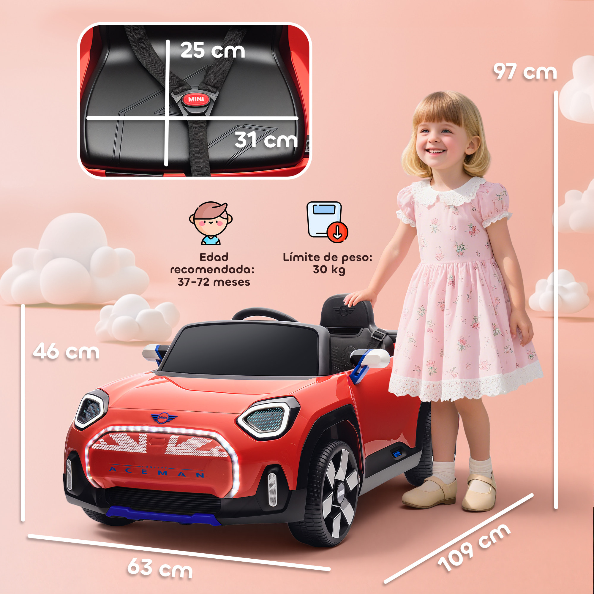 Coche Eléctrico para Niños de +3 Años, MINI Concept Aceman, Coche de Batería 12V, con Bluetooth, Mando a Distancia 2,4 G, Motor Doble, Suspensión Trasera, Faros, Música, USB, Rojo