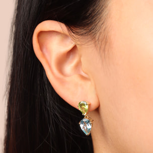 Orecchini Pendenti a Goccia in Argento 925 placcato Oro Giallo 18Kt con Peridoto Verde e Topazio Blu