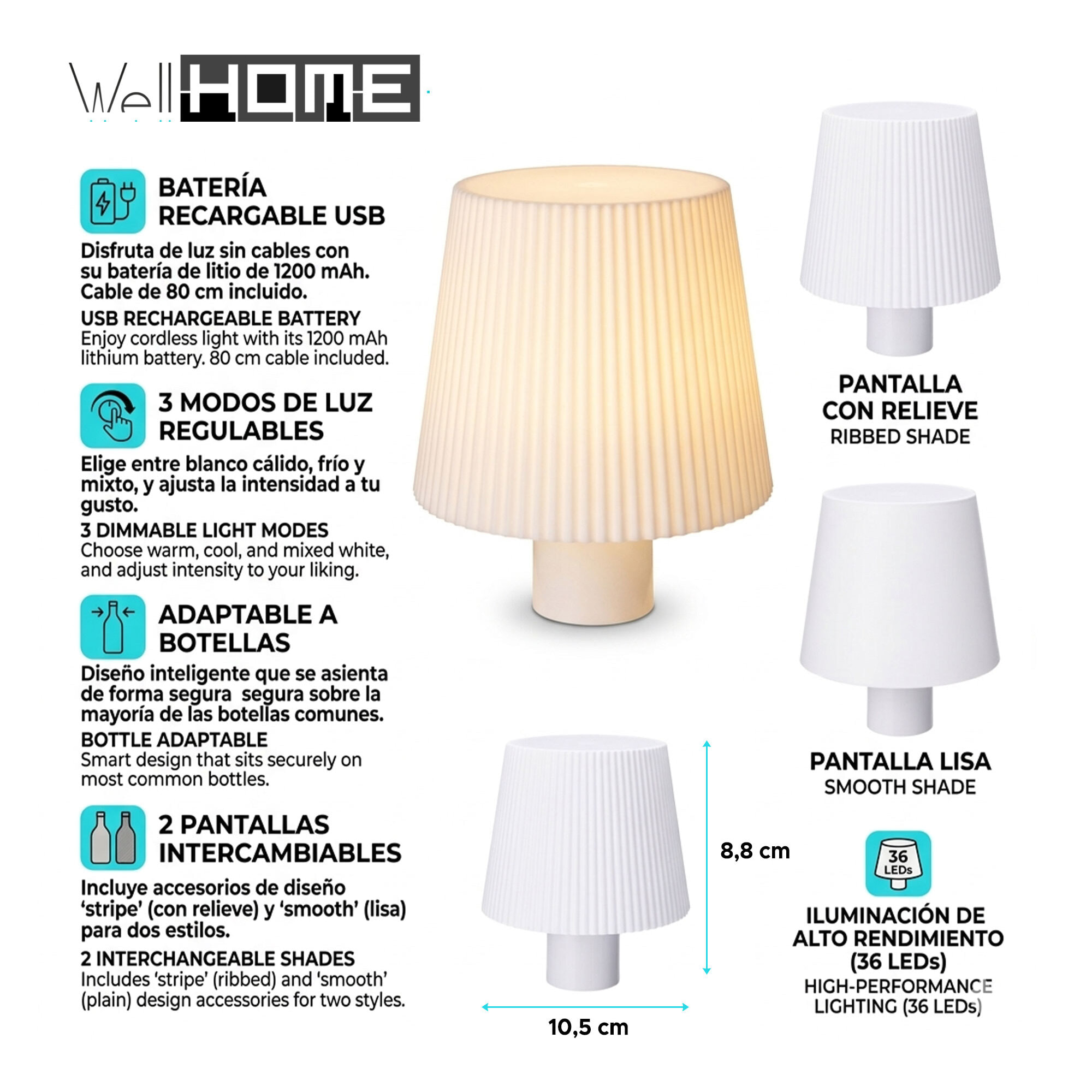 Lámpara LED 10,5x8,8cm para botella recargable USB con 3 modos de luz, 36 LEDs y 2 pantallas