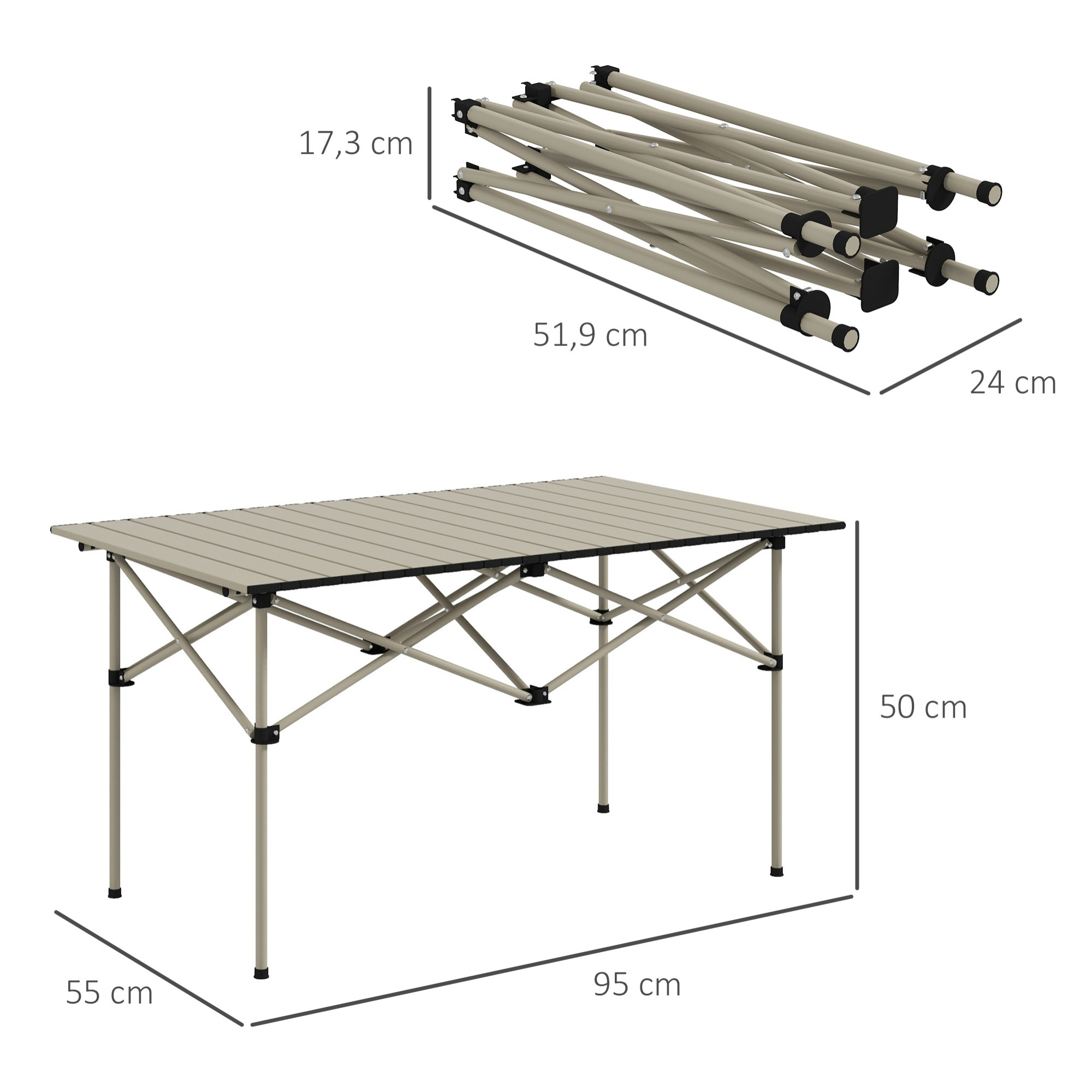 Mesa Plegable Camping de Aluminio 95x55x50 cm con Tapa Enrollable y Bolsa de Transporte Mesa de Picnic Portátil Ligera para Acampar Senderismo Playa Caqui