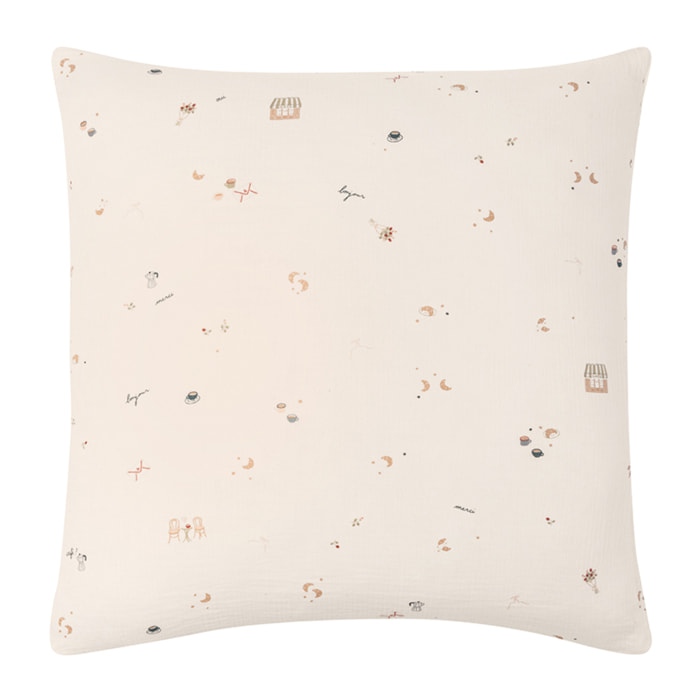 Taie d'oreiller imprimée en gaze de coton, BREAKFAST IN PARIS, Beige