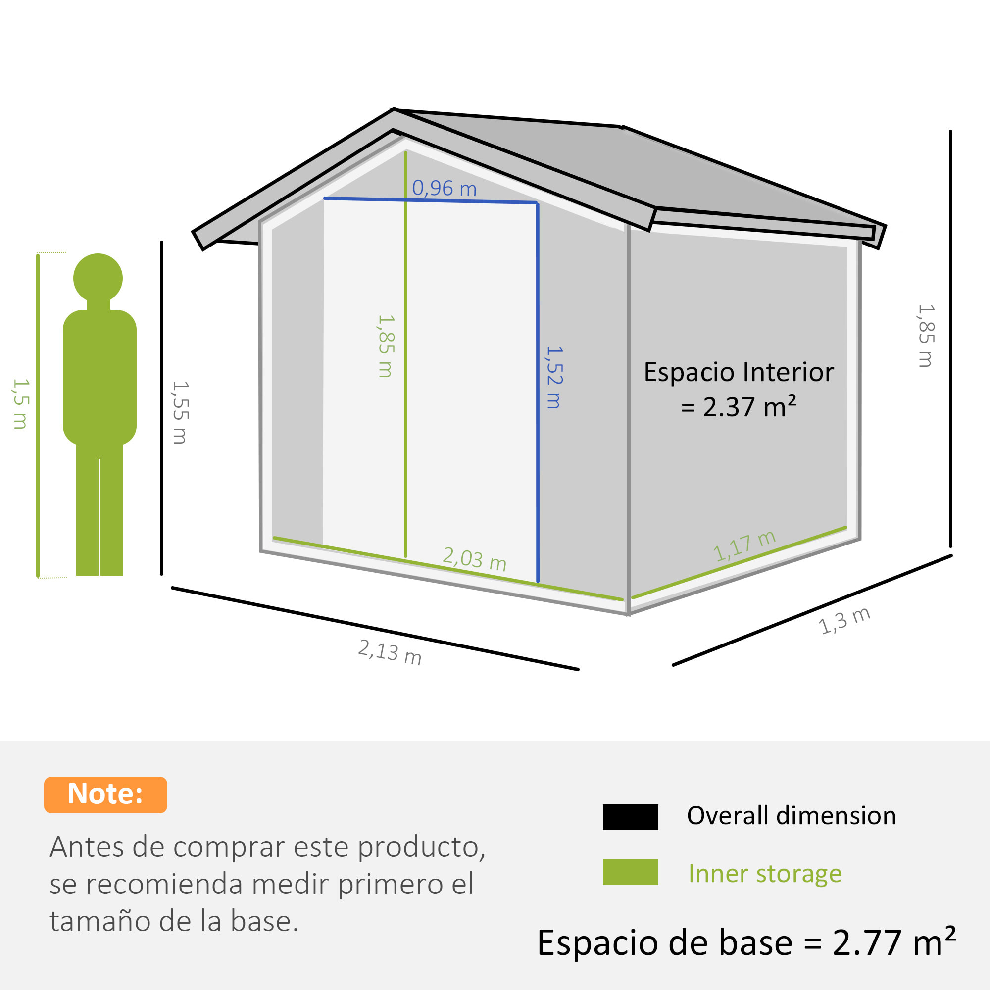 Caseta de Jardín 213x130x185 cm con 2 Puertas Correderas 4 Ventanas para Terraza