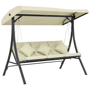 Columpio de Jardín Exterior de 3 Plazas, Balancín de Jardín Exterior con Techo Ajustable Cojines, Almohadas y Estructura de Acero, para Terraza, Patio, Carga 320 kg, 202x115x168 cm, Beige