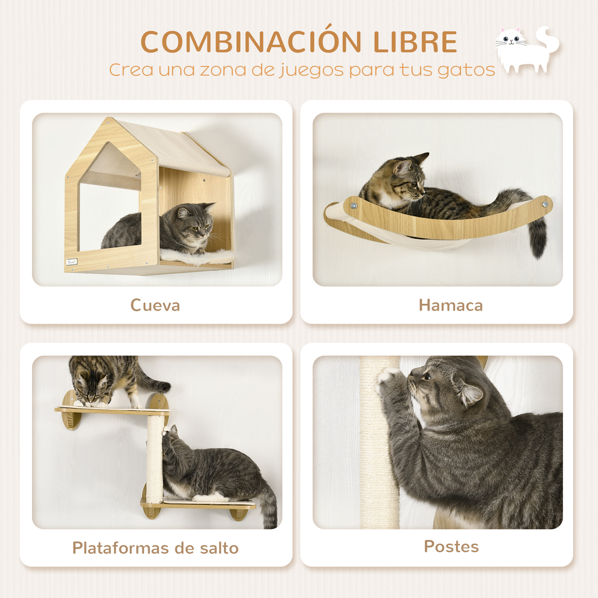 Estantes para Gatos 3 Piezas con Caseta Hamaca Plataformas Poste de Sisal Roble