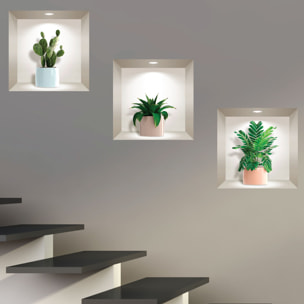 Stickers muraux 3D | Sticker Mural Autocollant effet 3D plantes d'intérieur et cactus - Stickers adhésifs 3D Chambre Salon Trompe l'oeil