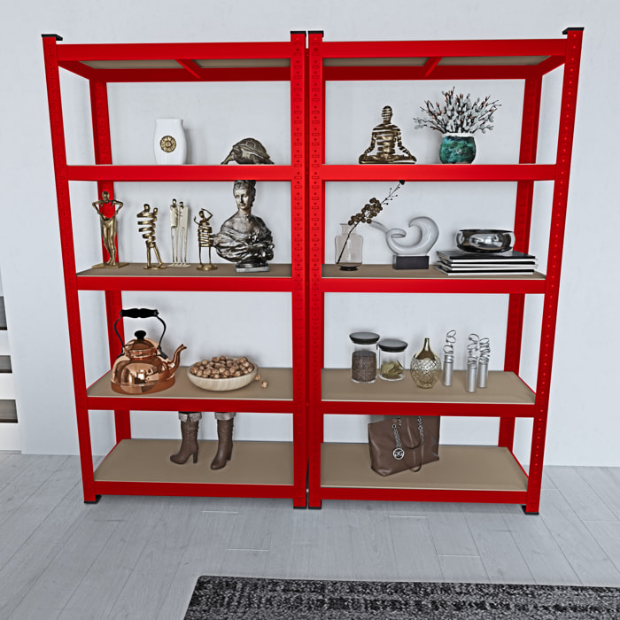 Set di 2 Scaffali In Metallo e MDF - Alta Portata Fino a 875 kg - 5 Ripiani Per Garage Officina Cantina Magazzino - Modulare - Rosso - 180x90x40 cm
