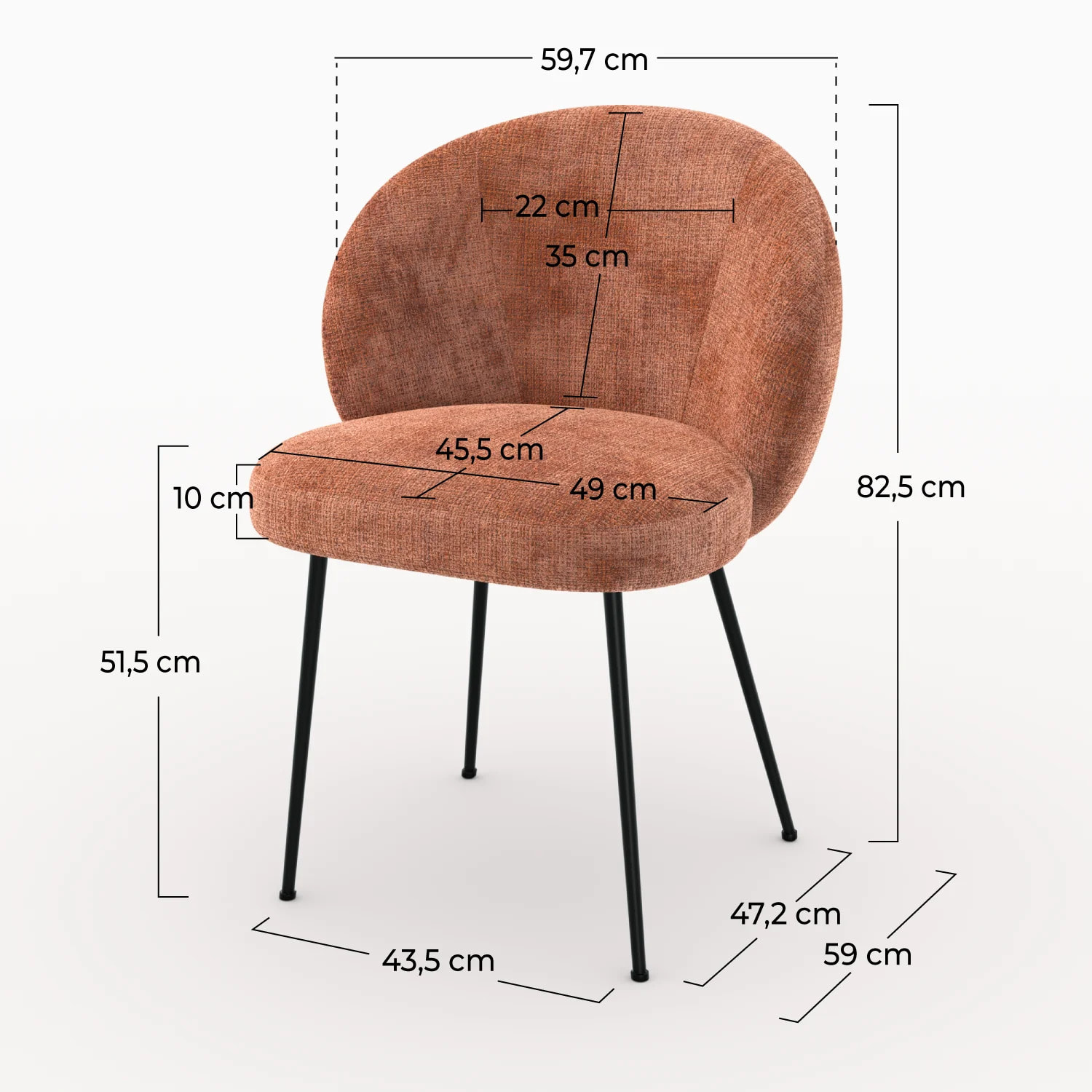 Chaise en velours chenillé terracotta et métal noir - Bloomy