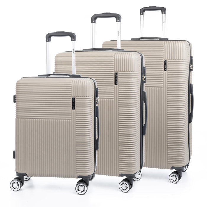 Set di 3 valigie trolley rigide ultraleggere, realizzate in ABS ad alta resistenza. Blocco numerico, 4 ruote girevoli a 360°.