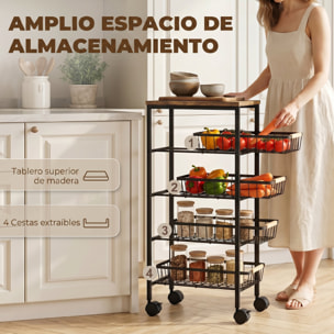 Carrito Auxiliar con Ruedas, Carrito de Cocina con 4 Cestas Extraíbles, Carga 15 kg, Marco Metálico, Tiradores de Madera, para Comedor, Sala de Estar, Baño, 40x24x81,5 cm, Marrón Rústico