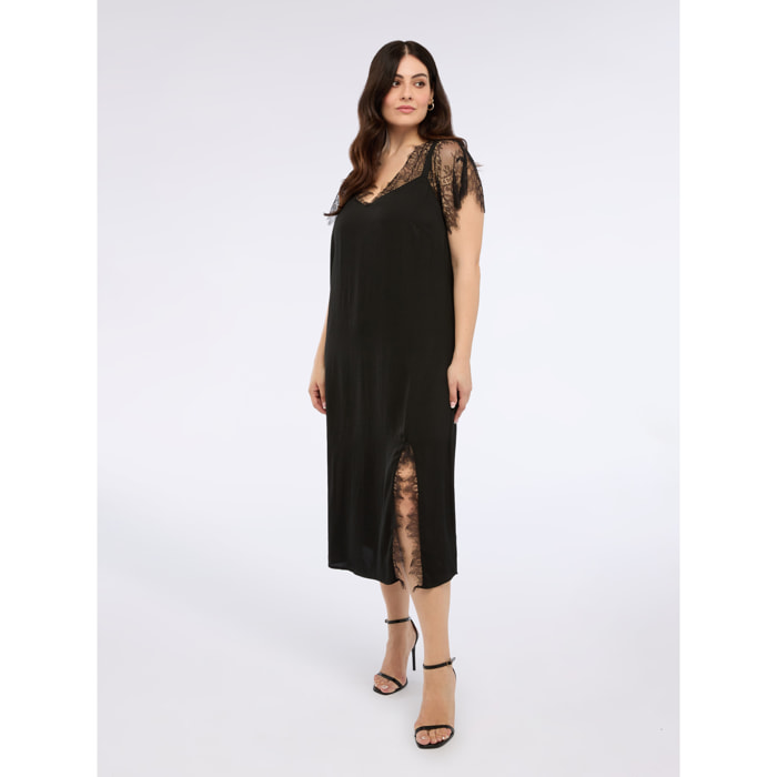 Fiorella Rubino - Slip dress in raso con inserti in pizzo - Nero